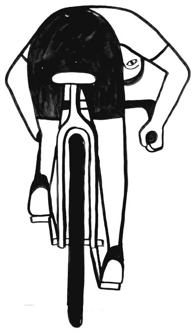 Ink drawing of a cyclist riding toward you
